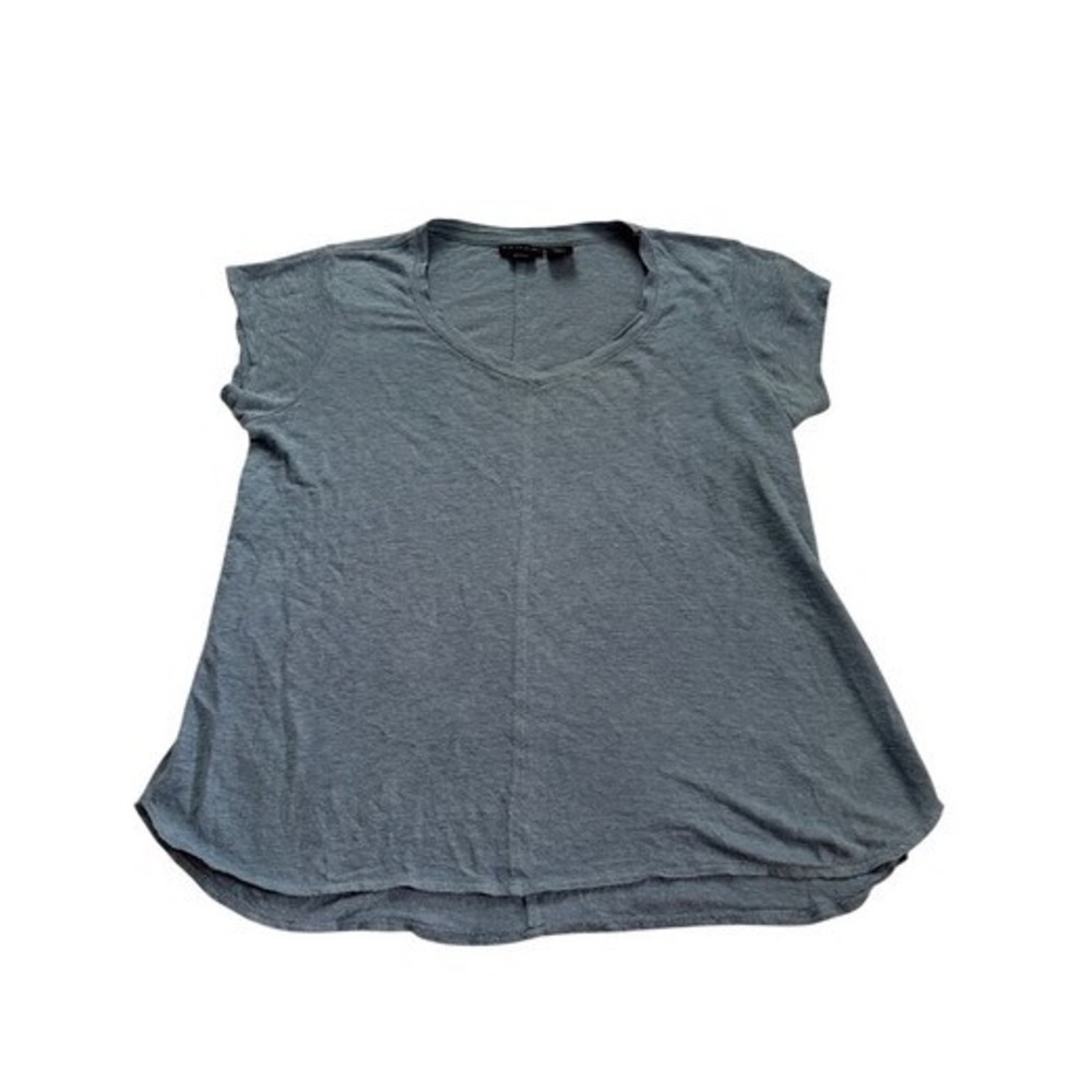 Tahari Dusty Blue 100% Linen V-Neck Short Sleeve Tee S Coastal Quiet Luxury - Picture 2 of 7